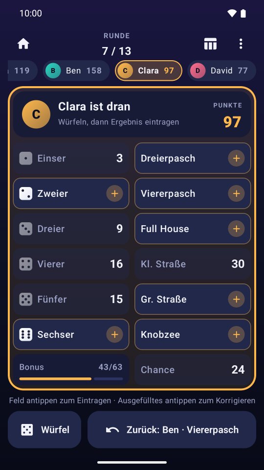 Knobzee-Spielblock: Clara ist dran, ihr Eingabefeld ist in ihrer Farbe umrahmt.