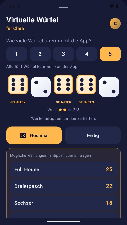 Virtuelle Würfel mit drei gehaltenen Sechsen und möglichen Wertungen.